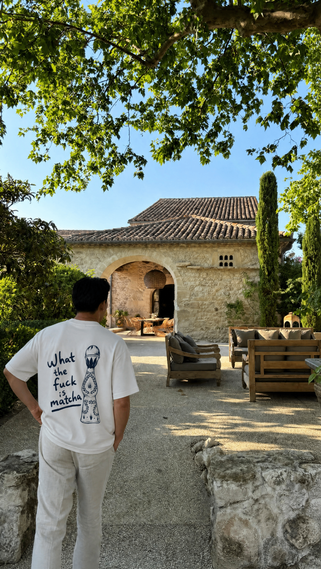 Notes from the Villa — matcha tee at a Provençal villa arch